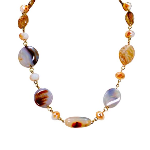 A mix of beige, brown, and off white bead necklace with glass and stone - Picture 1 of 13
